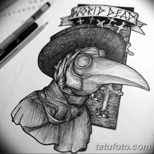 Детальный эскиз татуировки в стиле dark art, изображающий Черного доктора чумы в маске с длинным клювом и плаще. Мрачный и атмосферный рисунок.
