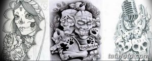 Коллаж из трех эскизов татуировок: девушка с черепом, два черепа с цветами и микрофон с черепами и костями. Разнообразные рисунки для любителей тату.