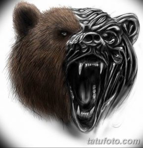 Фото реалистичной татуировки медвежьей головы с детально проработанной пушистой шерстью и выразительным взглядом. Рисунок выполнен в коричневых и черных тонах.