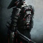 Черно-красная татуировка с изображением самурая в футуристическом стиле. Механические элементы и яркие акценты.