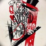 Фото тату с изображением Безумного Шляпника из Алисы в Стране Чудес, выполненное в ярких красных и черных тонах, с элементами карт и шляпы.