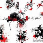 Эскиз татуировки в стиле dark art с изображением множества мрачных портретов, черепов и символов, выполненный в черно-белой гамме с красными брызгами.