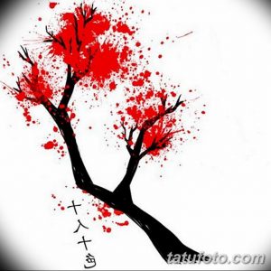 Эскиз татуировки в японском стиле с изображением цветущей сакуры, черного дерева и иероглифов, выполненный в минималистичном стиле с использованием красного и черного цветов.