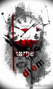 Эскиз татуировки с изображением старинных часов, надписью 'Carpe Diem' и элементами шестеренок, выполненный в акварельном стиле с использованием черного и красного цветов.
