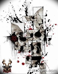 Эскиз татуировки в стиле dark art с изображением разбитого лица, фрагментов черепа и брызг крови, выполненный в черно-белой гамме.