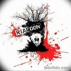 Фото тату лица, искаженного криком, с надписью "RADON" и красными брызгами краски. Экспрессивный и драматичный рисунок татуировки.