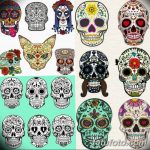 Фотография с подборкой эскизов татуировок в стиле Sugar Skull (День мертвых). Разнообразные дизайны с яркими цветами и деталями.