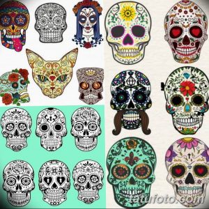 Фотография с подборкой эскизов татуировок в стиле Sugar Skull (День мертвых). Разнообразные дизайны с яркими цветами и деталями.