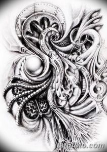 Фото тату: детализированный эскиз биомеханической татуировки, изображающий сложные механические элементы, интегрированные в человеческую кожу.