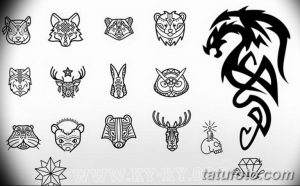 Коллекция небольших черно-белых эскизов татуировок с изображением голов животных и стилизованного дракона, идеально для минималистичных рисунков.