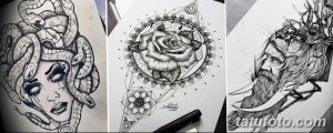 Коллаж из трех эскизов татуировок: портрет Медузы Горгоны с змеями, геометрическая роза и портрет викинга с бородой и рогами.