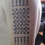Фото татуировки на руке, представляющей собой вертикальный ряд чисел и символов. Оригинальный и загадочный эскиз тату для любителей математики и кодов.