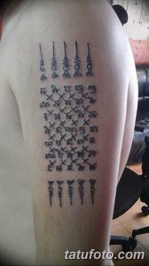Фото татуировки на руке, представляющей собой вертикальный ряд чисел и символов. Оригинальный и загадочный эскиз тату для любителей математики и кодов.