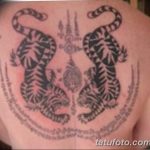 Фото татуировки на спине с изображением двух тигров, защитных символов и священных текстов. Черно-серый рисунок в тайском стиле.