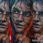 Фото тату с тройным портретом Гарри Поттера на руке. Реалистичный рисунок с использованием темных и светлых оттенков.