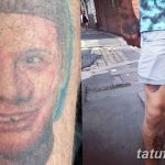 Фото тату с изображением лица на бедре и ноге. Рисунок выполнен в ярких, но неаккуратных цветах, выглядит несколько размыто и не профессионально.