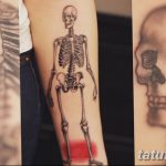 Фото тату: коллаж из трех эскизов татуировок скелета: ребра, полный скелет и череп. Черно-белые рисунки, минималистичный стиль.