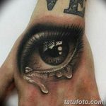 Фото тату: Реалистичная татуировка глаза, из которого текут слезы, выполнена на руке. Детализированный рисунок татуировки.