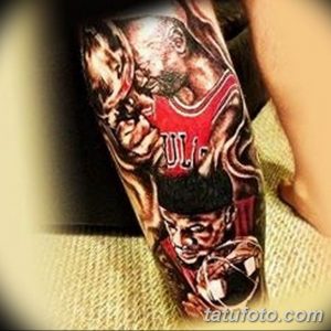 Фото тату на руке: портрет Майкла Джордана в форме Chicago Bulls. Детализированный рисунок татуировки для поклонников баскетбола.