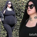 Фотография Кат Вон Ди беременной, демонстрирующая татуировки на шее и груди.