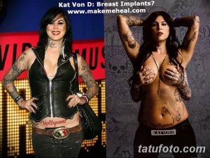 Фотография Кат фон Ди, демонстрирующая ее татуировки на руках, груди и животе. Изображение до и после, показывающее изменения в теле.