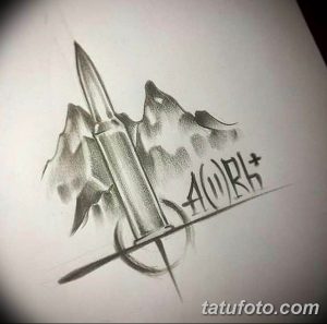 Чёрно-белый эскиз татуировки с изображением пули, стилизованной под нож, и надписи в готическом стиле. Детализированный рисунок татуировки для вдохновения.