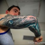 Фотография реалистичной татуировки на руке, изображающей голову рыбы с детально прорисованными чешуей, глазами и жабрами. Цветная татуировка с использованием синих, серых и белых оттенков.