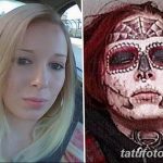 Фото тату: яркий рисунок черепа в стиле сахарной смерти (calavera) на лице девушки, выполненный в красочных тонах.