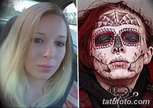 Фото тату: яркий рисунок черепа в стиле сахарной смерти (calavera) на лице девушки, выполненный в красочных тонах.