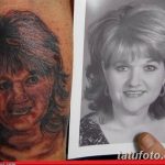 Фото тату портрета женщины, выполненного в реалистичном стиле, с оригинальной фотографией рядом для сравнения.