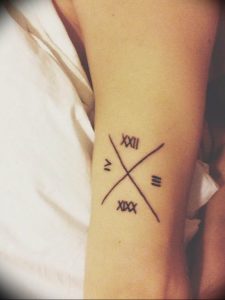 Фото тату: римские цифры 'XXIII' и 'V' пересекаются на предплечье. Минималистичный дизайн, оригинальная композиция.
