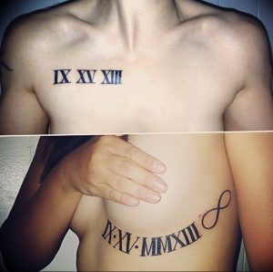 Фото тату: черные римские цифры IX, XV, XIII на груди мужчины. Минималистичный рисунок татуировки, выполненный четкими линиями.