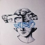 Эскиз татуировки с изображением разбитого бюста и цветка розы. Сочетание классики и современности, символизм разрушения и красоты.