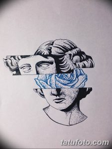 Эскиз татуировки с изображением разбитого бюста и цветка розы. Сочетание классики и современности, символизм разрушения и красоты.