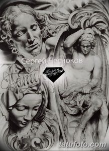 Фото эскиза татуировки с изображением двух ангелов. Детализированный черно-белый рисунок татуировки в стиле графика.