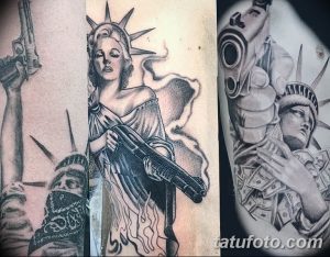 Фото тату на руке: Коллаж из нескольких изображений, включающий Статую Свободы, пистолет, пачку денег и лицо в бандане, выполненный в черно-серых тонах.