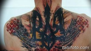 Фото тату на спине: крупное изображение Тризуба, окруженного колосьями пшеницы и красными маками. Яркие цвета, динамичная композиция, украинская символика.
