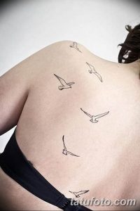 Фото татуировок: ряд маленьких, контурных изображений летящих чаек на спине, выполненных черными чернилами в минималистичном стиле.