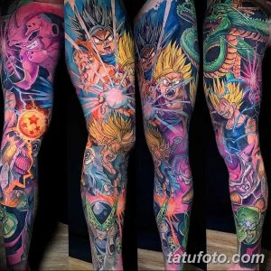 Фото тату на ноге: детализированное изображение персонажей из аниме Dragon Ball Z, выполненное в ярких цветах. Эпичный рисунок татуировки.