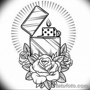 Черно-белое фото тату зажигалки с костями и розами в стиле олдскул. Детализированный рисунок для вдохновения.
