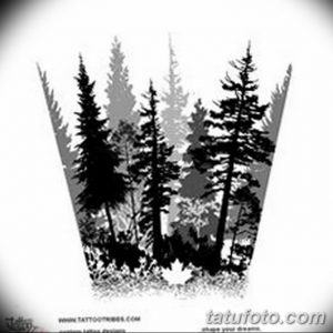 Черно-серый эскиз татуировки с изображением густого хвойного леса. Идеально подходит для нанесения на предплечье или спину.