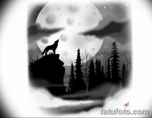 Черно-белая татуировка с изображением волка, воющего на луну. Реалистичный стиль, детализированный рисунок. Подходит для нанесения на спину или грудь.