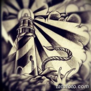 Черно-белый эскиз татуировки с изображением маяка, морского змея и волн, выполненный в драматичном стиле. Подходит для любителей морской мифологии.