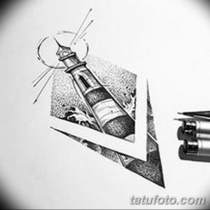 Креативный эскиз татуировки, изображающий маяк, словно вырезанный из бумаги, с реалистичными тенями и деталями.