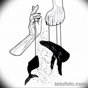 Черно-белый эскиз татуировки кита, подвешенного за нити, управляемые двумя руками. Рисунок выполнен в минималистичном стиле с использованием точек и линий.