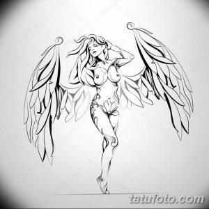Эскиз тату: изящная девушка с крыльями, выполненная в стиле line art. Рисунок отличается плавными линиями и утонченным дизайном.
