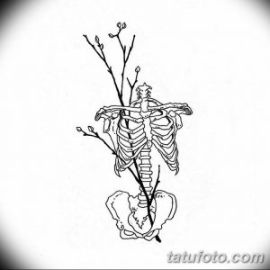 Черно-белый эскиз тату, изображающий скелет, из которого растут ветки с листьями. Символизм возрождения и надежды.