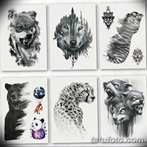 Коллаж из шести черно-белых эскизов татуировок с изображением различных животных: медведя, волка, тигра, гепарда и двух львов. Рисунки выполнены в реалистичном стиле.