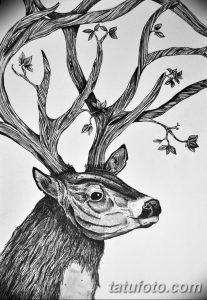 Черно-белый рисунок татуировки оленя, чьи рога переплетены с ветвями деревьев и листьями. Детализированный и реалистичный эскиз.