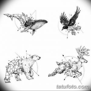 Коллаж из черно-белых татуировок животных (кит, ворон, белый медведь, олень), выполненных в стиле полигонального искусства с использованием геометрических фигур.